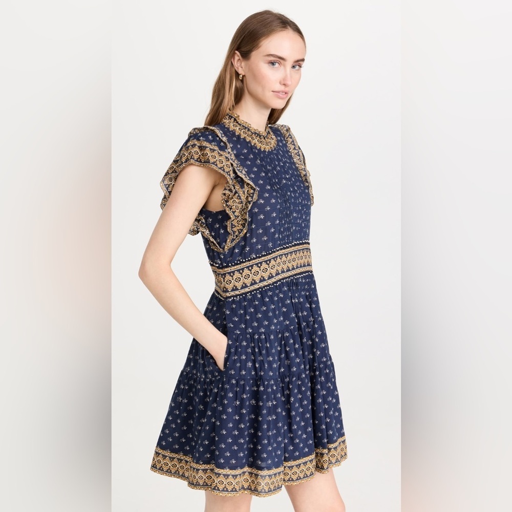 New! Sea New York Arlita Print Navy and Gold Flutter Tunic Mini Dress 💙 XS - Picture 7 of 8